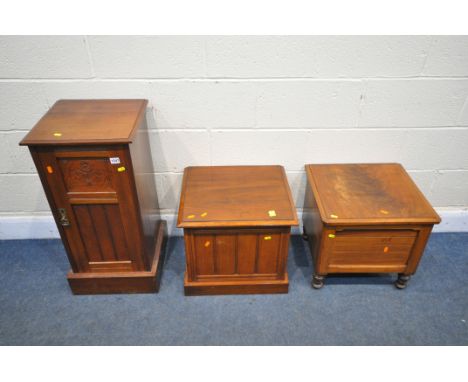 AN EDWARDIAN WALNUT POT CUPBOARD, width 38cm x depth 37cm x height 77cm, along with two Edwardian walnut commodes with cerami