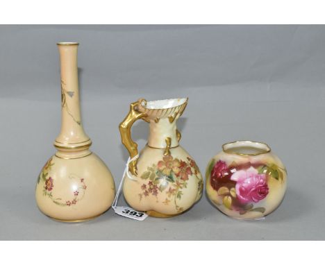 THREE PIECES OF ROYAL WORCESTER BLUSH IVORY PORCELAIN, comprising a jug with fluted rim and gilt stylised bark handle, shape 