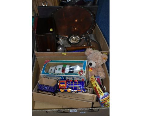TWO BOXES OF MISCELLANEOUS SUNDRIES, to include a Joseph Sankey &amp; Son copper piecrust serving tray (Neptune mark on back)