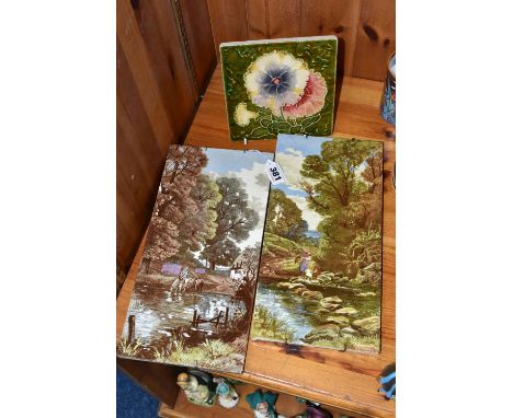 THREE MINTONS TILES, comprising two large tiles printed and tinted with rural scenes, measuring approximately 30.5cm x 15cm, 