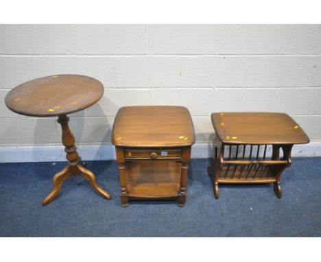 AN ERCOL WINDSOR ELM LAMP TABLE, with a single drawer, width 48cm x depth 45cm x height 55cm, along an Ercol magazine rack, a