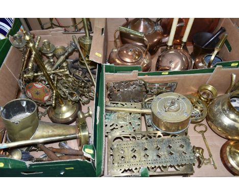 THREE BOXES OF METALWARES, including a brass cribbage board, assorted trivets, a T. Bestall's Patent brass clockwork meat jac