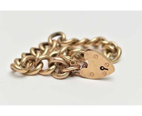 A 9CT GOLD CURB LINK BRACELET WITH PADLOCK CLASP, wide polished hollow curb bracelet, approximate width 10.8mm, hallmarked 9c
