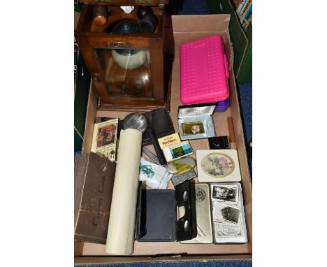 A BOX OF SMOKING RELATED PARAPHERNALIA ETC, to include a pipe smokers cabinet with mixing bowl - no key, Ronson pipe, Cherry 