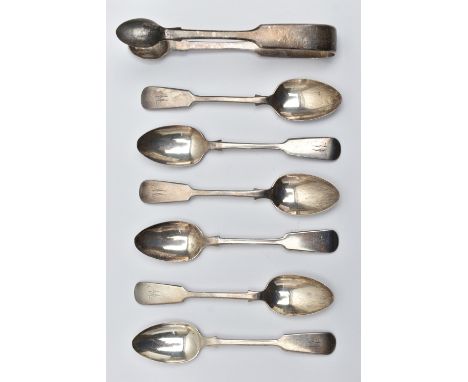 SIX SILVER TEASPOONS AND A PAIR OF SUGAR TONGS, to include six fiddle pattern teaspoons, engraved with the intial 'W' hallmar