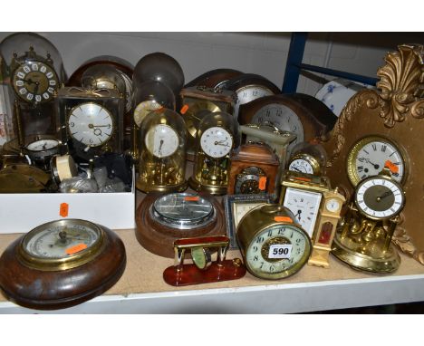 A COLLECTION OF CLOCKS, to include anniversary clocks, carriage clocks, mantel clocks, clock parts and two barometers, makers