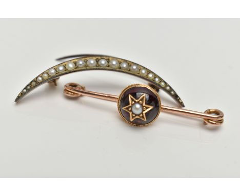 TWO BROOCHES, the first a polished rose metal bar, fitted with a domed garnet with star detail set with a split pearl, unmark