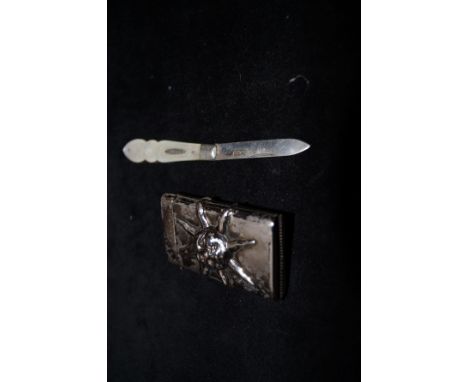 Mother of pearl silver fruit knife together with vesta case