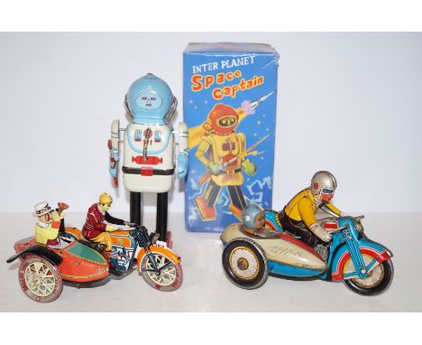 2 Tinplate motorbikes &amp; side cars together with tinplate robot