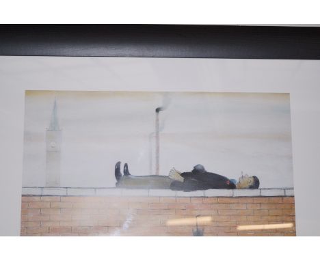 Framed lowry print Man lying on a wall 