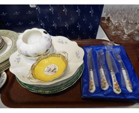 A Tray Containing Aynsley Bowls and Trefoil Dish, Copeland Spode Plates, Aynsley Knife and Fork Set Etc 