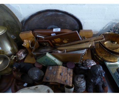 A Tray of Collectors Items to Include Treen Ware, Scottie Dog Bookends, Dog Ornaments, Copper Planter, Collection of Rulers, 