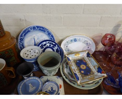 A Tray of Ceramics to Include Blue and White Delft Plate, Wedgwood Jasperware, Coalport Indian Tree, Spode Millennium Plate