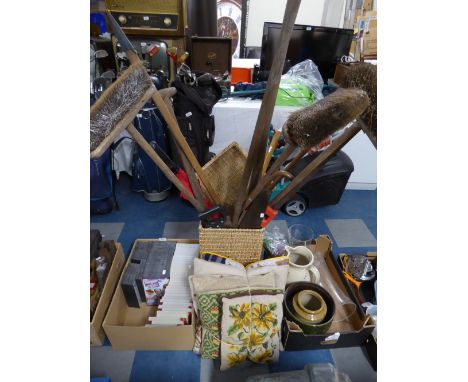 A Wicker Bin Containing Garden Tools together with Scatter Cushions 