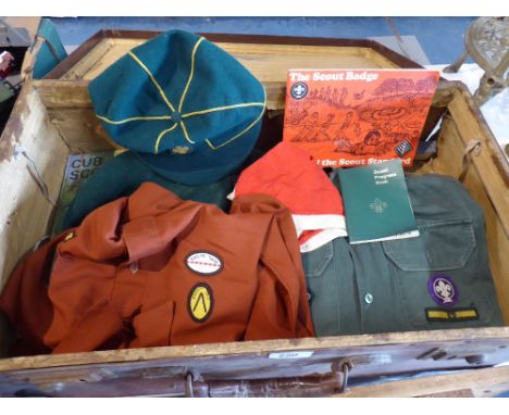 A Vintage Suitcase Containing Scout and Girl Guide Uniforms, Progress Book Etc