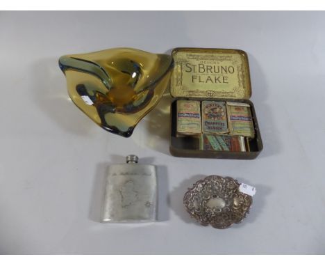 A Collection of Curios to Include Vintage Tobacco Tin, Collection of Loose Cigarette Cards, Silver Pin Dish, Glass Bowl, Hip 