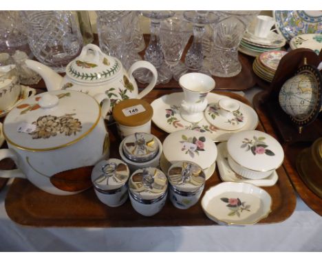 A Tray of Ceramics to Include Wedgwood Hathaway Rose, Portmeirion Botanic Garden Teapot, Royal Worcester Wild Harvest Lidded 