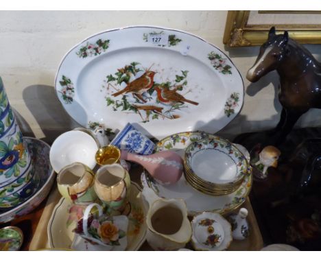 A Tray of Ceramics to Include Royal Albert Old Country Rose Lidded Pot, Aynsley Fruit Set, Royal Worcester Tea Cups and Sauce