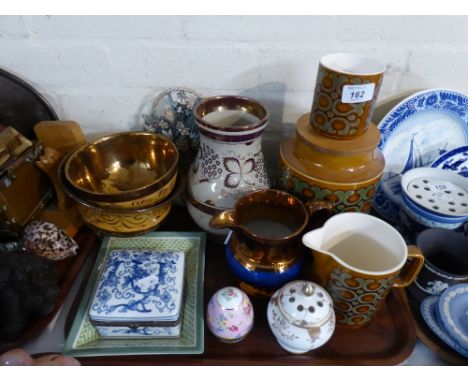 A Tray of Ceramics to Include Copper Lustre Bowls and Jugs, Hornsea Bronte Pattern Storage Jar and Jug, Noritake Pot Pourri V