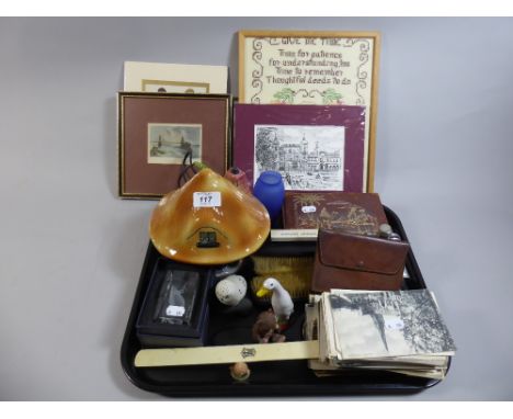 A Tray of Curios to Include Collection of Postcards, Cottage Night Light, Glass Paperweight, Hip Flask Etc