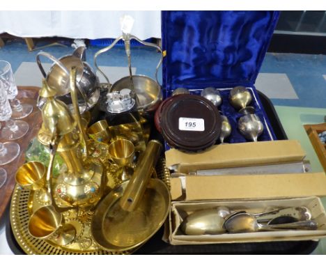 A Tray of Metal Wares to Include Islamic Brass Coffee Set, Silver Plate Goblets and Cutlery, Harmonica Etc 