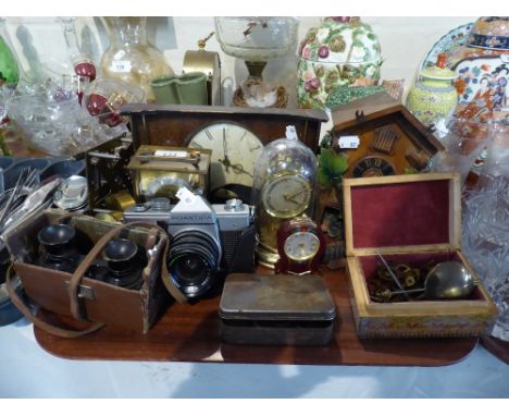 A Tray of Collectors Items to Include 35 mm Camera, Mantle Clock, Cuckoo Clock, Binoculars, Coins Etc 