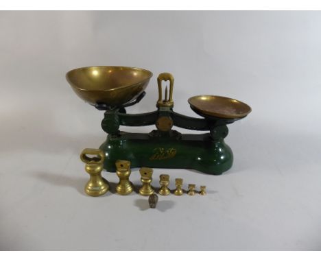 A Set of Vintage Boots Brass Mounted Kitchen Scales and Weights