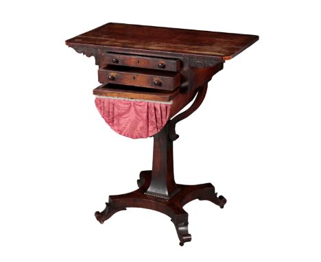 A WILLIAM IV ROSEWOOD WORK TABLE early 19th century, with two short drawers, over a pull-out basket, on a tapered block stem 