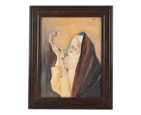 19TH CENTURY JEWISH SCHOOL, PORTRAIT OF A RABBI oil painting on panel, 36cm x 27cm, in grained frame, bears label for Ian Les