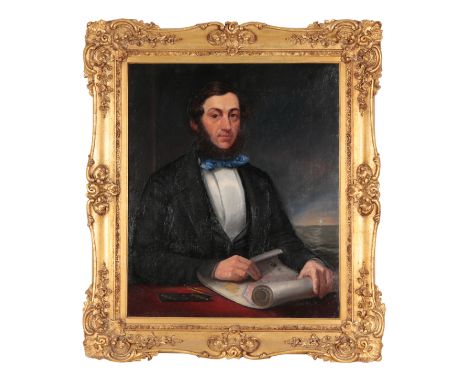 A 19TH CENTURY PORTRAIT OF A SHIPS CAPTAIN oil on canvas, depicted seated holding a map of the southern coast of Australia, w