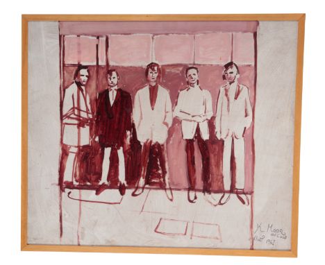 STYLE OF KEITH MOON (1946-1978), TEDDY BOYS oil painting in red on a white ground, 52cm x 62cm, bears signature 'K. Moon' and