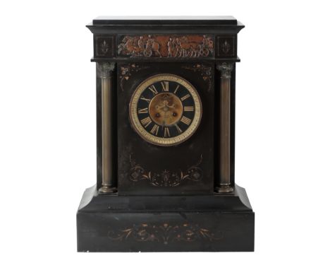 A LATE VICTORIAN SLATE MANTEL CLOCK of architectural form, with an embossed copper frieze depicting charioteers, over a centr