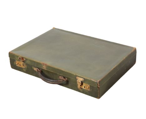 A GREEN LEATHER BRIEFCASE 1970's, with brown suede interior, brass locks; a brown leather instrument case with brass locks an