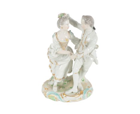 AN 18TH CENTURY DUESBURY & CO DERBY PORCELAIN FIGURE - DANCING COUPLE modelled after a Meissen original by Kandler, 18cm high