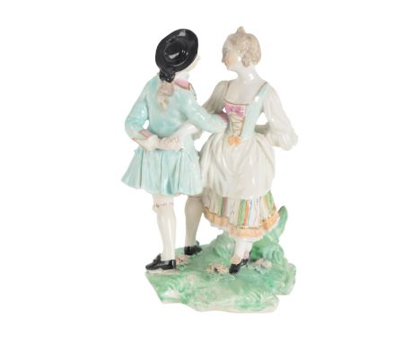 AN 18TH CENTURY DUESBURY & CO DERBY PORCELAIN FIGURE OF A DANCING COUPLE modelled after Falconet's 'La Danse Allemande', 17cm