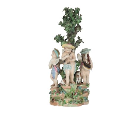 AN 18TH CENTURY DUESBURY &amp; CO DERBY PORCELAIN FIGURE GROUP OF THREE CUPIDS respectively a bird catcher, shepherd and hunt