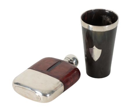 A SILVER PLATED AND CROCODILE LEATHER HIP FLASK 15cm high; together with a horn beaker with silver collar, 12.25cm high (2)Pr