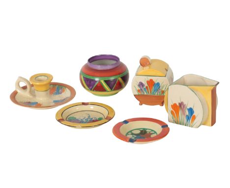 CLARICE CLIFF, A CROCUS PATTERN CHAMBER STICK 15cm wide, together with a further small collection of Clarice Cliff (6)