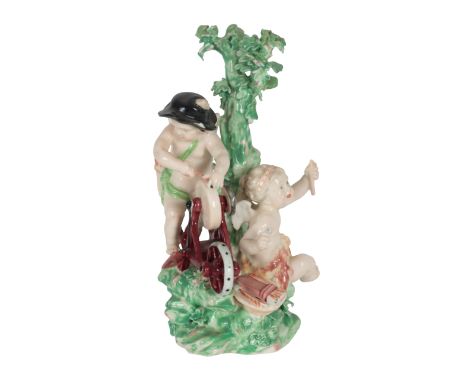 AN 18TH CENTURY DUESBURY &amp; CO DERBY PORCELAIN FIGURE - 'CUPID SHARPENING HIS ARROWS' 19cm high, patch marked base incised