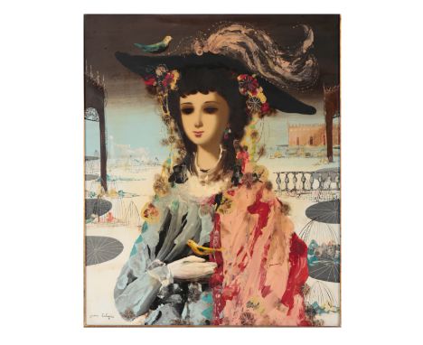 JEAN CALOGERO (1922-2001) A SURREALIST TYPE PORTRAIT OF A YOUNG GIRL oil on canvas, depicted wearing a tricorn hat, with a go
