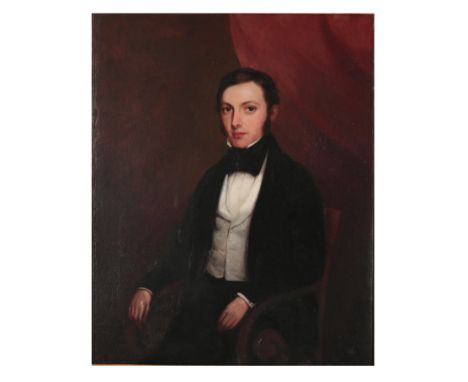 ENGLISH SCHOOL 19TH CENTURY, A PORTRAIT OF A GENTLEMAN depicted seated in formal attire, 40cm x 33cm 