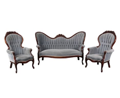 A LOUIS XV STYLE WALNUT THREE PIECE SUITE 20th century, with button back velvet covers, including a settee and two armchairs,