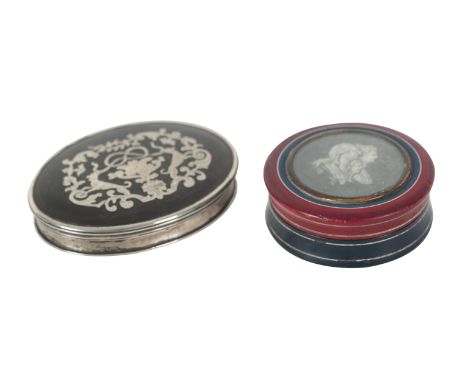 A TORTOISESHELL AND WHITE METAL SNUFF BOX the hinged lid inlaid with white-metal decoration, 7cm wide, together with a small,