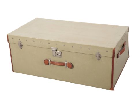FINNEGANS LTD: A VELLUM AND BROWN LEATHER-LINED CAR TRUNK with nickel fittings, leather carrying handles and fitted shirt tra