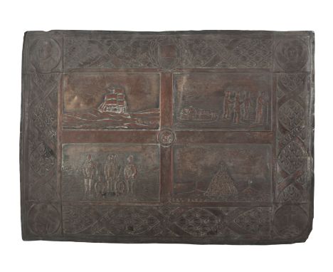 A COMMEMORATIVE PLAQUE REMEMBERING SCOTT'S BRITISH ARTIC EXPEDITION engraved and embossed with four scenes from the explorati