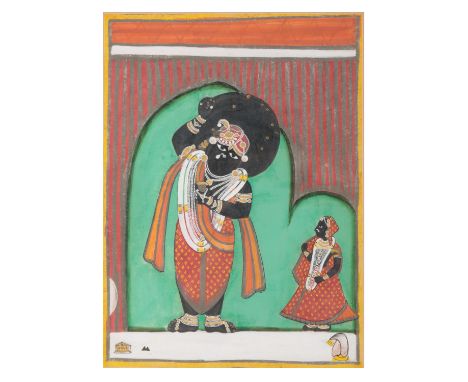 AN INDIAN DEPICTION OF THE DEATH OF THE GIANT SHANKACHURA, 20TH CENTURY showing Vishnu and his brother Balarama overcoming th
