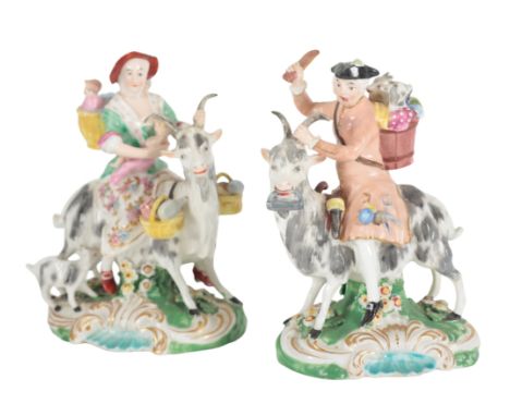 A PAIR OF 18TH CENTURY DUESBURY & CO DERBY PORCELAIN FIGURES - THE WELSH TAILOR AND HIS WIFE 14cm high, patch marked bases wi