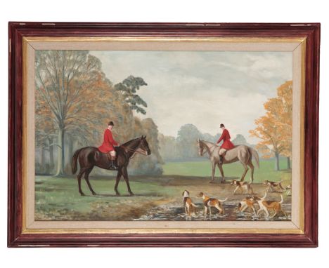 CHARLES ROGERS; OIL ON CANVAS HUNTING SCENE in a rural landscape, signed and dated lower right "89", 90cm x 60cm