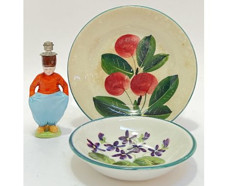 An unusual J C Boldoot of Amsterdam scent/perfume bottle modelled as a Dutch boy, together with two Wemyss pin/trinket dishes