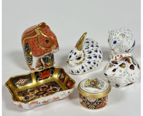 A collection of four Royal Crown Derby china paperweight figures including a Red Squirrel, a Bunny Rabbit, a Dormouse, a Bank